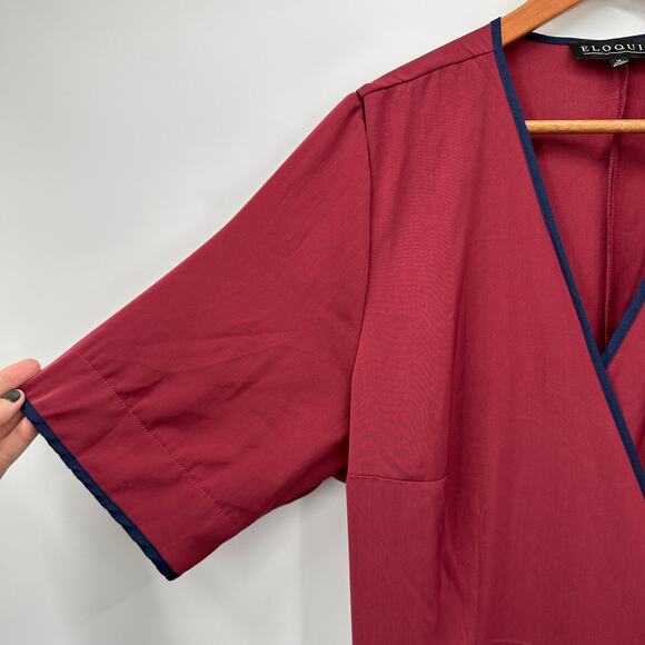 ELOQUII NWT Marroon with Navy Trim Short Sleeve Wrap Dress // 18 - Picture 5 of 10